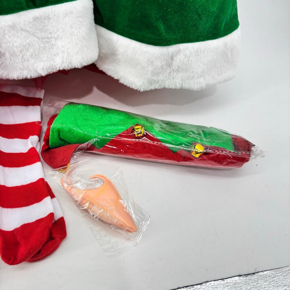 Christmas Elf Velvet Womens Medium Costume Cosplay Dress Socks Hat - Picture 9 of 13